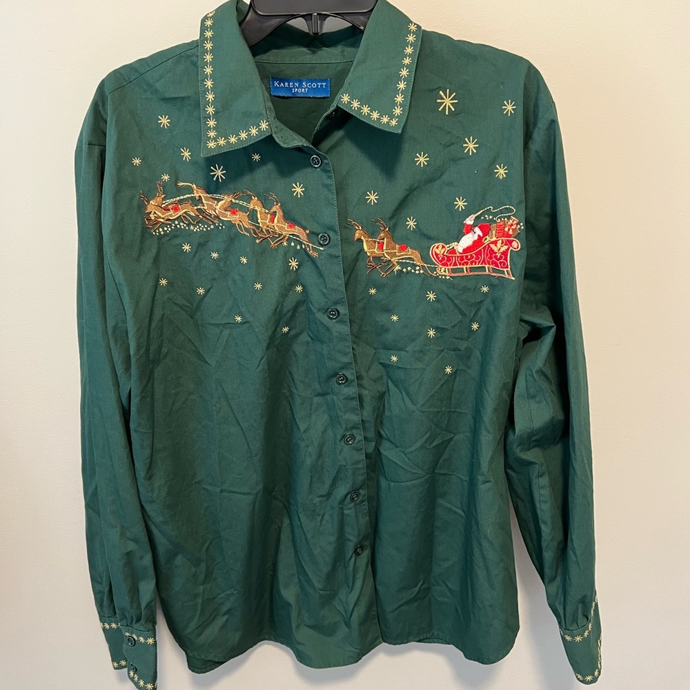 Karen Scott Women’s Christmas Embroidered Green Button Down Size‎ XL